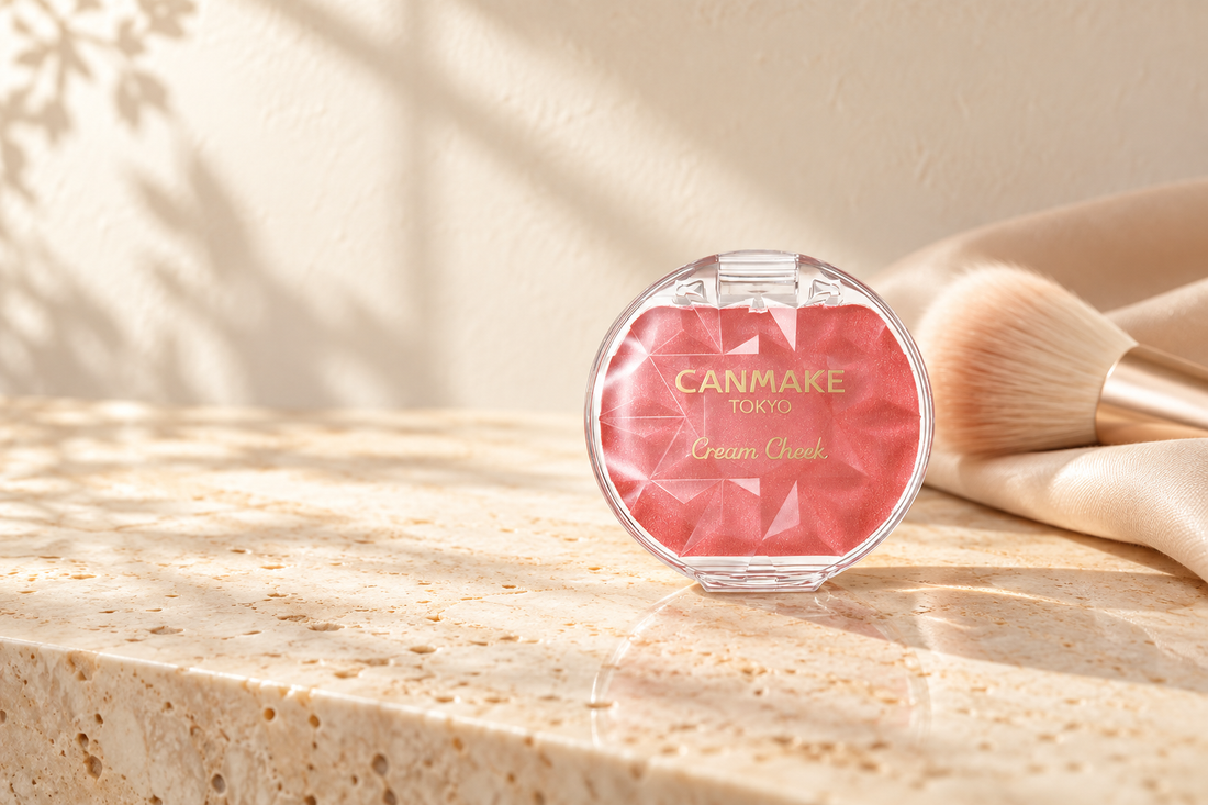 CANMAKE Cream Cheek P01 Peach Dazzle on a warm minimalist vanity