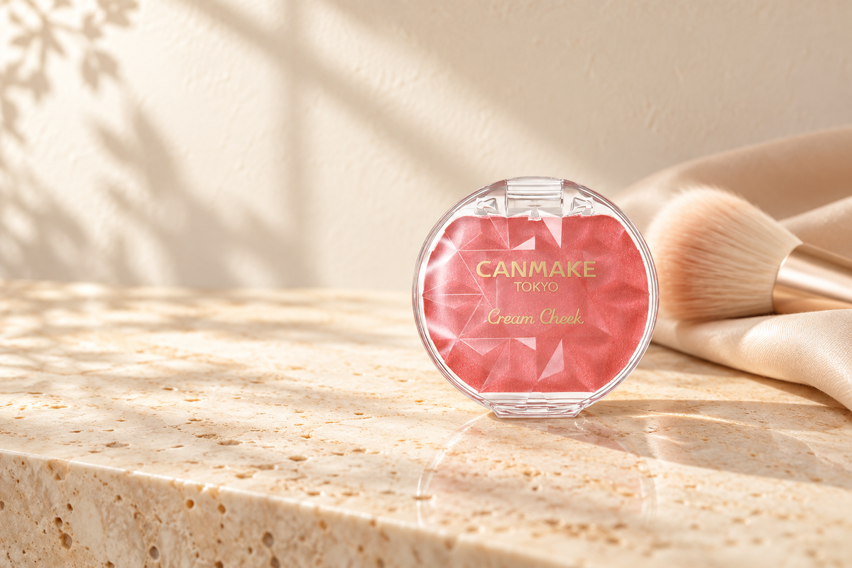 CANMAKE Cream Cheek P01 Peach Dazzle on a warm minimalist vanity