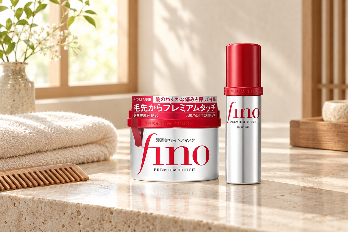Fino Premium Touch Hair Mask and Hair Oil in a warm Japanese-inspired setting
