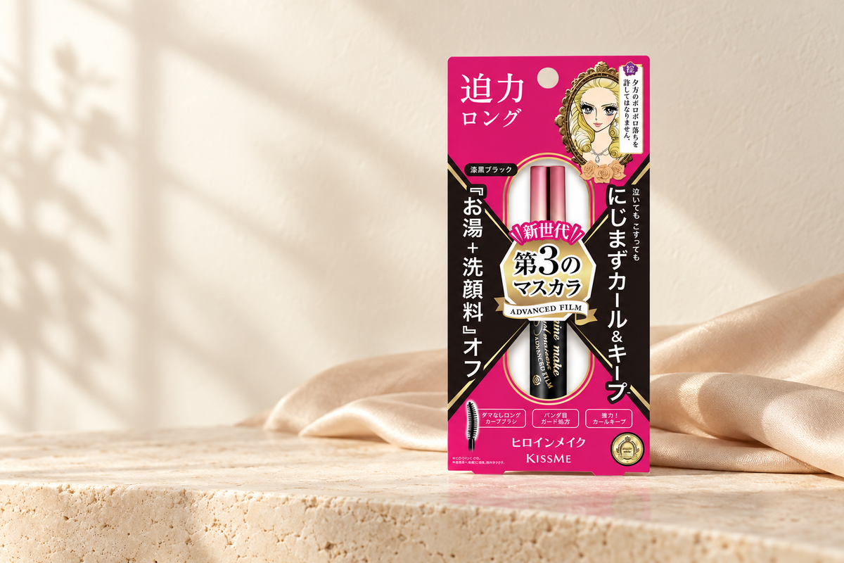Heroine Make Long and Curl Mascara Advanced Film 01 Jet Black on a warm minimalist vanity