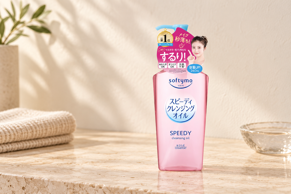 Kose Softymo Speedy Cleansing Oil on a warm minimalist vanity