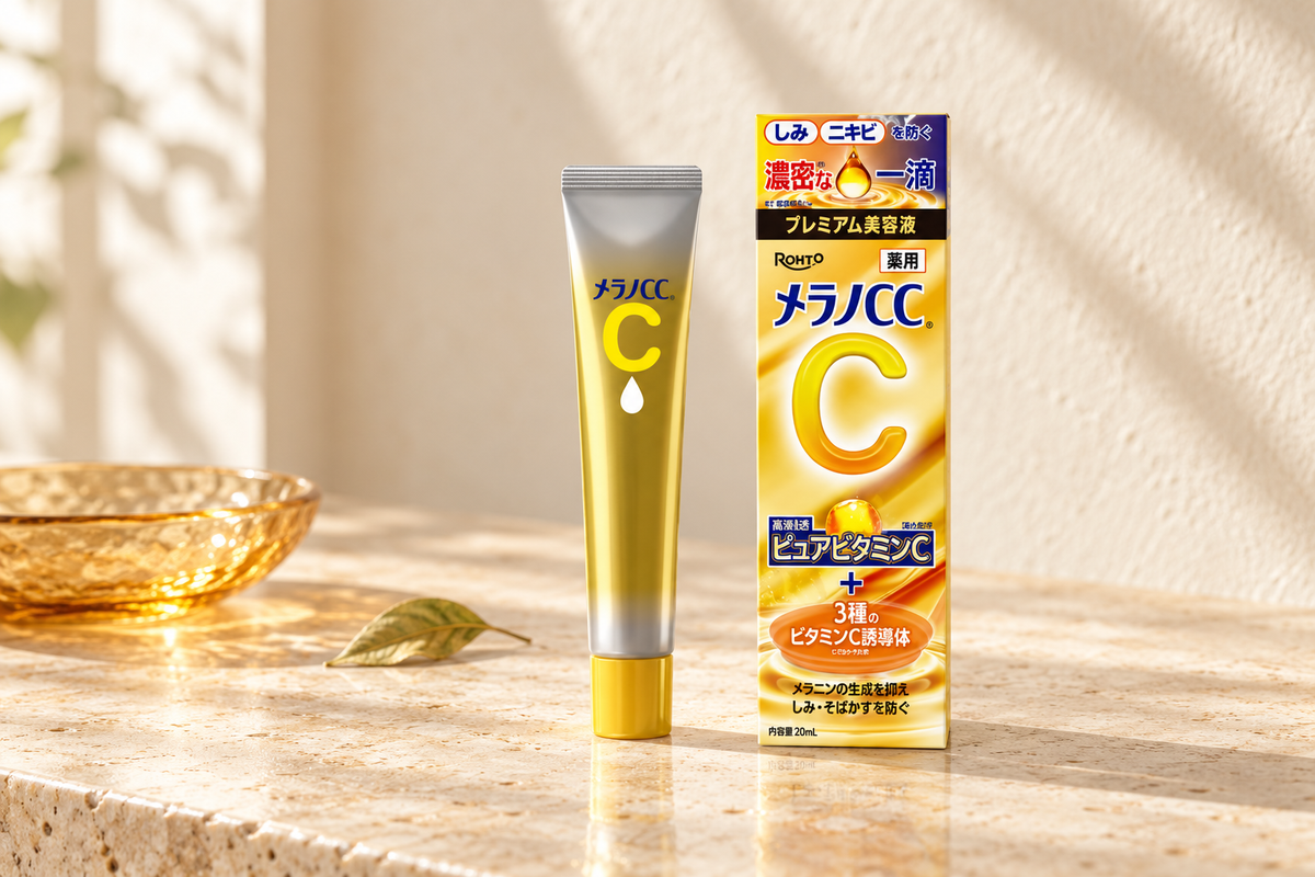 Rohto Melano CC Premium Essence tube and Japanese box on a warm ivory vanity