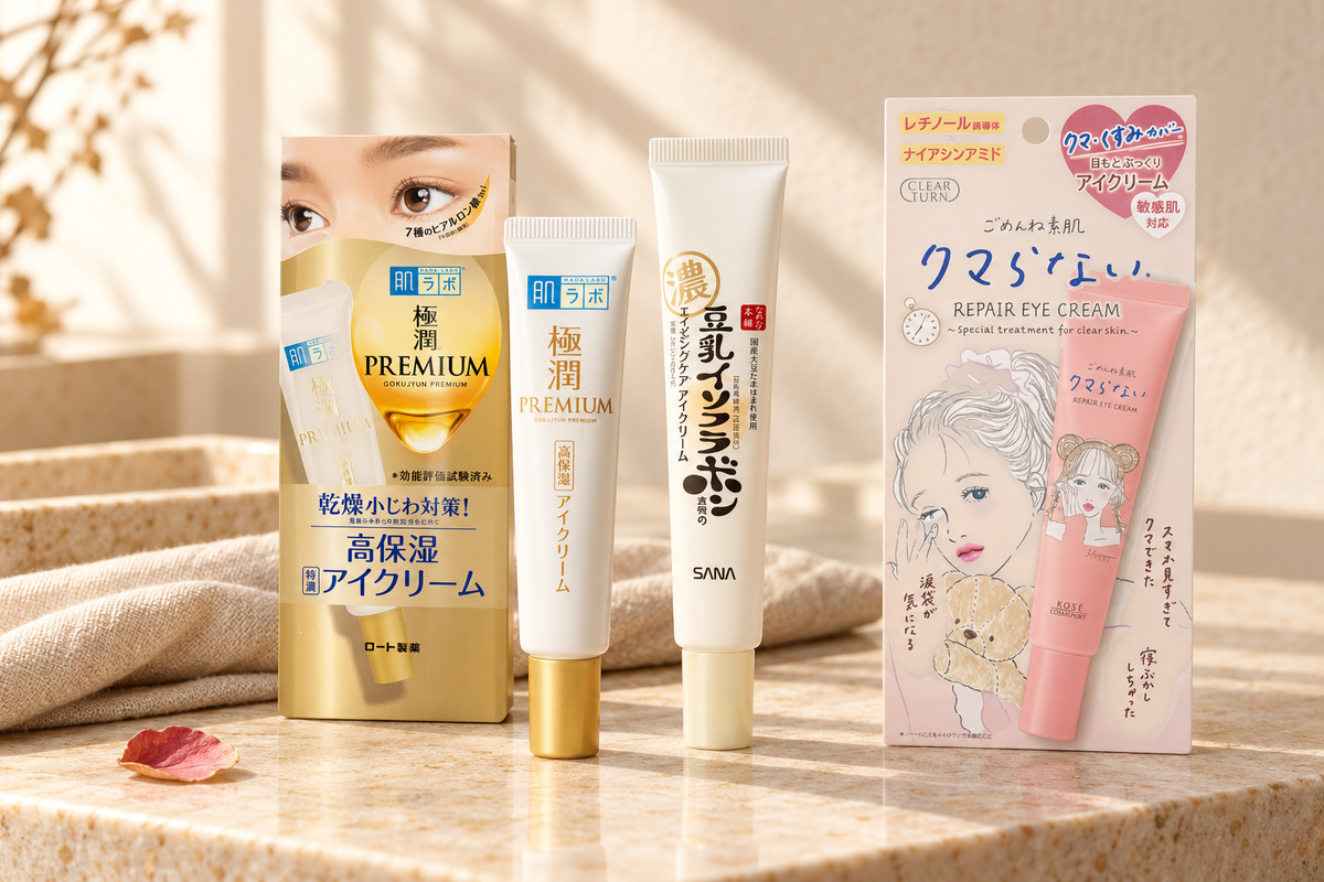 Hada Labo, Sana Nameraka Honpo and Kose Clear Turn Japanese eye creams on a warm ivory vanity