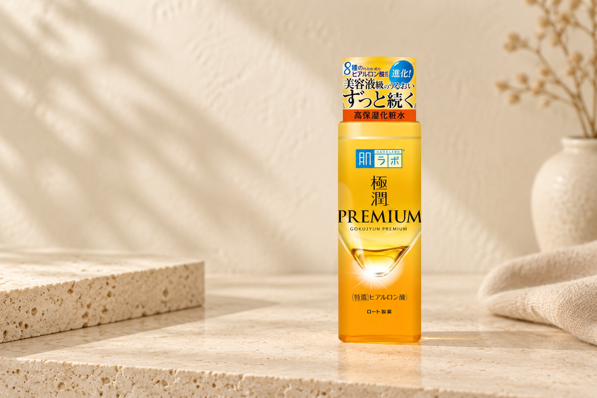 Hada Labo Gokujyun Premium Lotion on a warm minimalist vanity