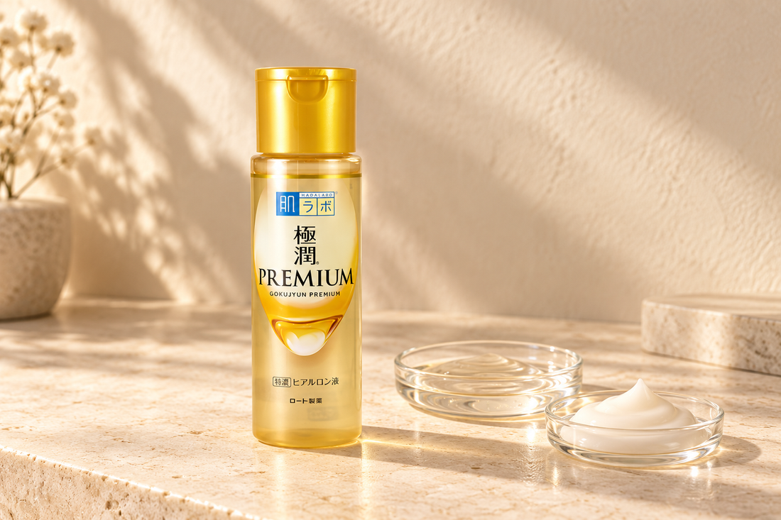 Hada Labo Gokujyun Premium Emulsion beside gel and cream textures on a warm minimalist vanity