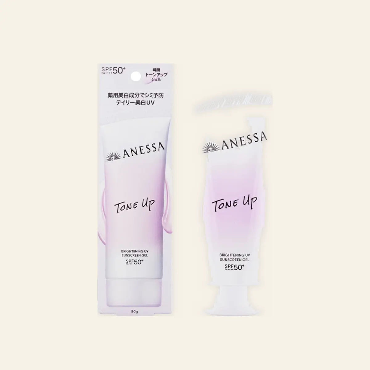 Anessa Tone Up Brightening UV Sunscreen SPF 50+ on a warm ivory background