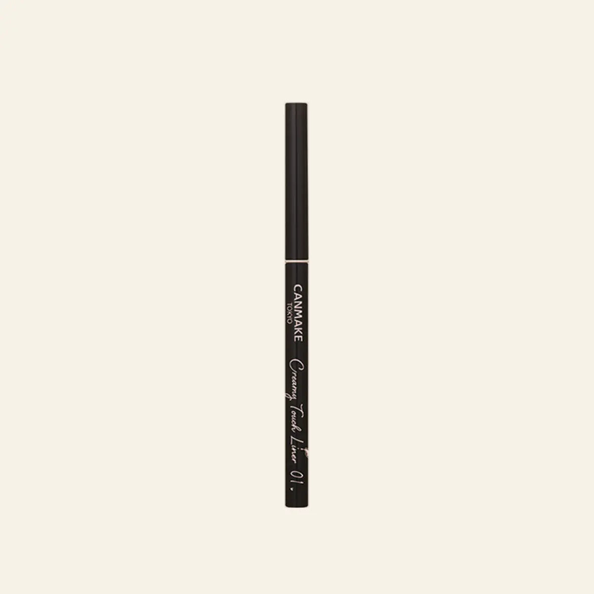 CANMAKE Creamy Touch Liner 01 Deep Black on a warm ivory background