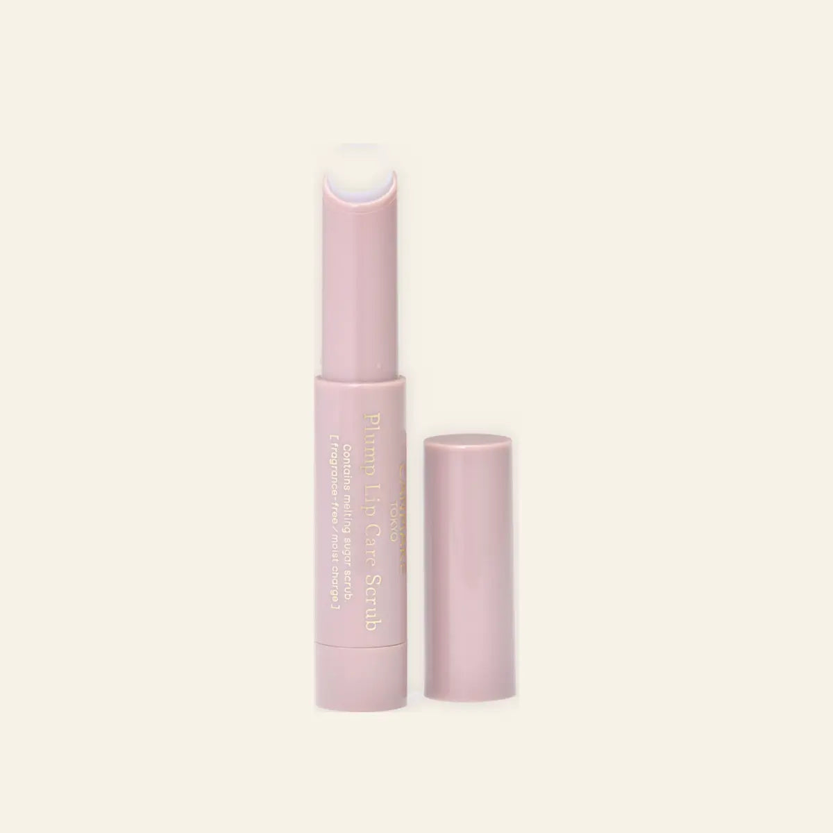 CANMAKE Plump Lip Care Scrub 01 Clear 2.7g on a warm ivory background