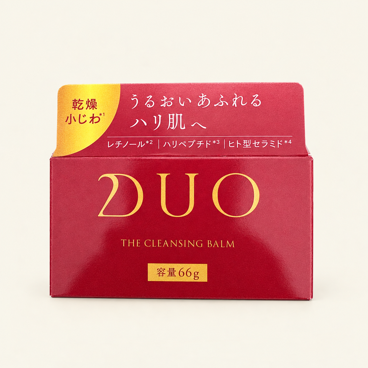DUO The Cleansing Balm EX 66g on a warm ivory background