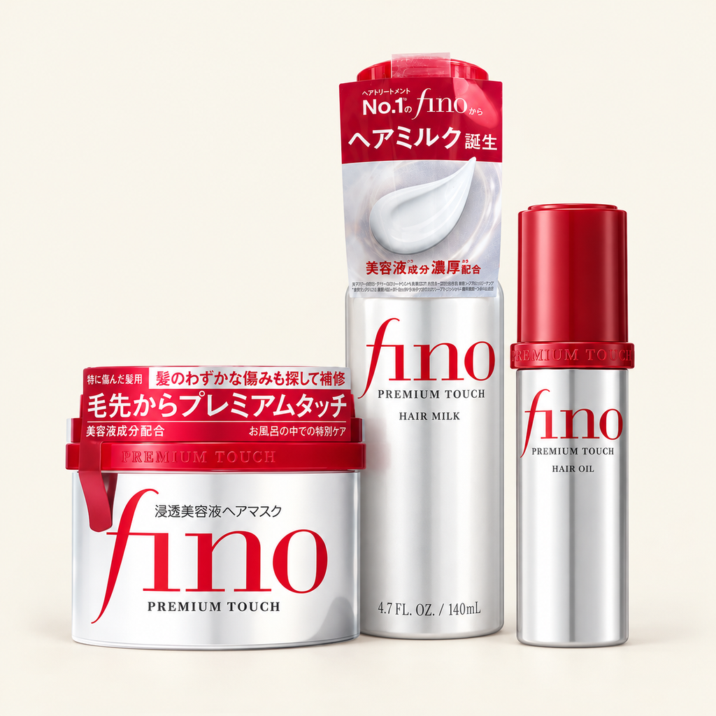 Fino Haircare Trio — all included products together on a warm ivory background