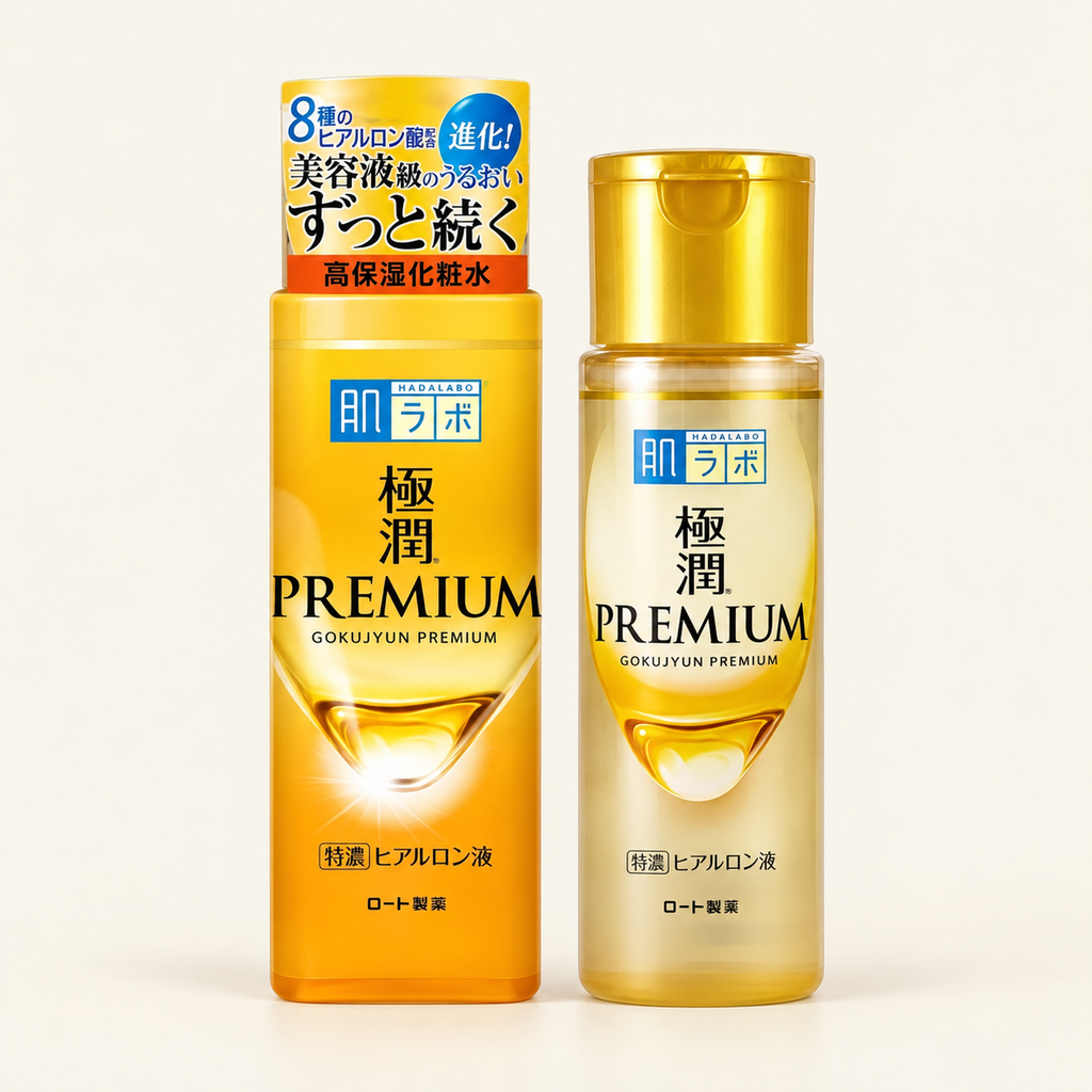 Hada Labo Hydration Duo — all included products together on a warm ivory background