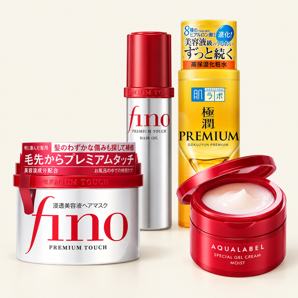 Japanese Beauty Discovery Set — all included products together on a warm ivory background