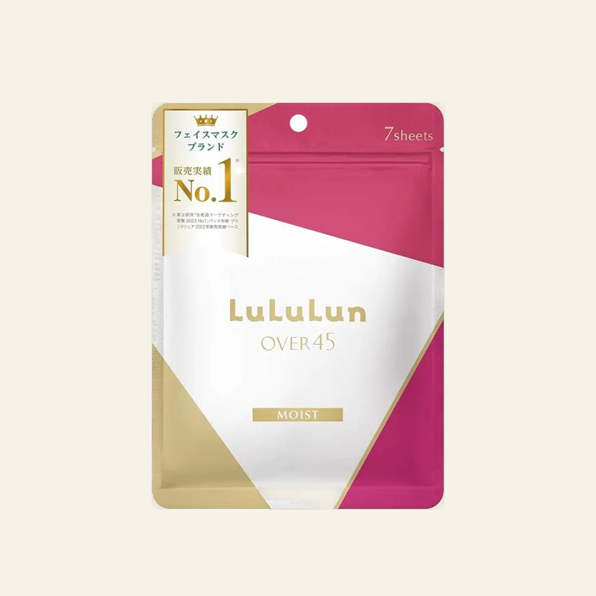 LuLuLun OVER45 Camellia Pink Mask 7 Sheets on a warm ivory background