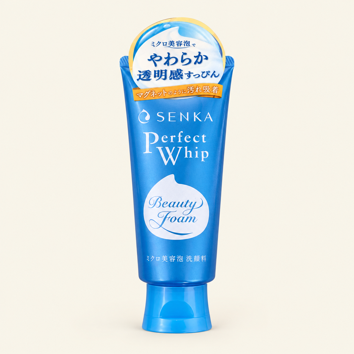 Senka Perfect Whip Facial Cleansing Foam 120g on a warm ivory background